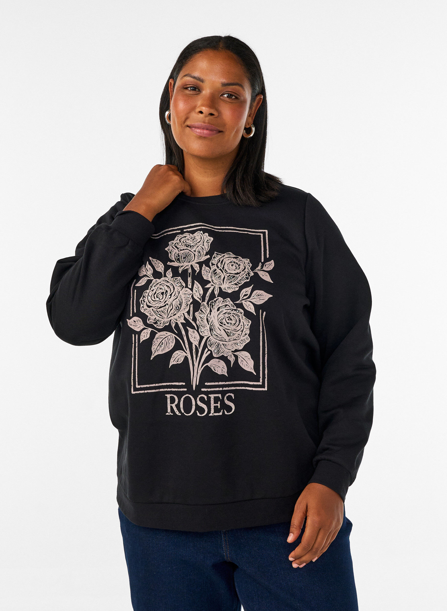 Sweatshirt met rozenprint en strassteentjes, Zwart, Model