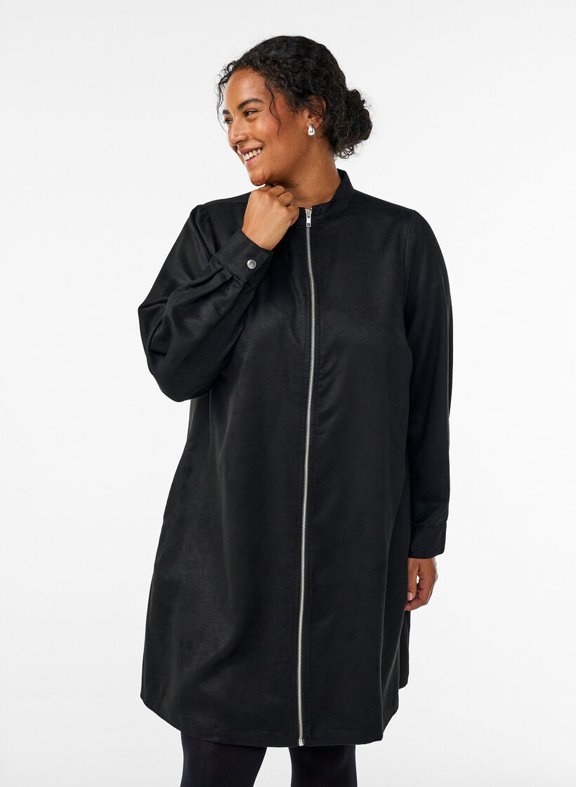 Lang overhemd van imitatie-suède met rits, Zwart, Model image number 0