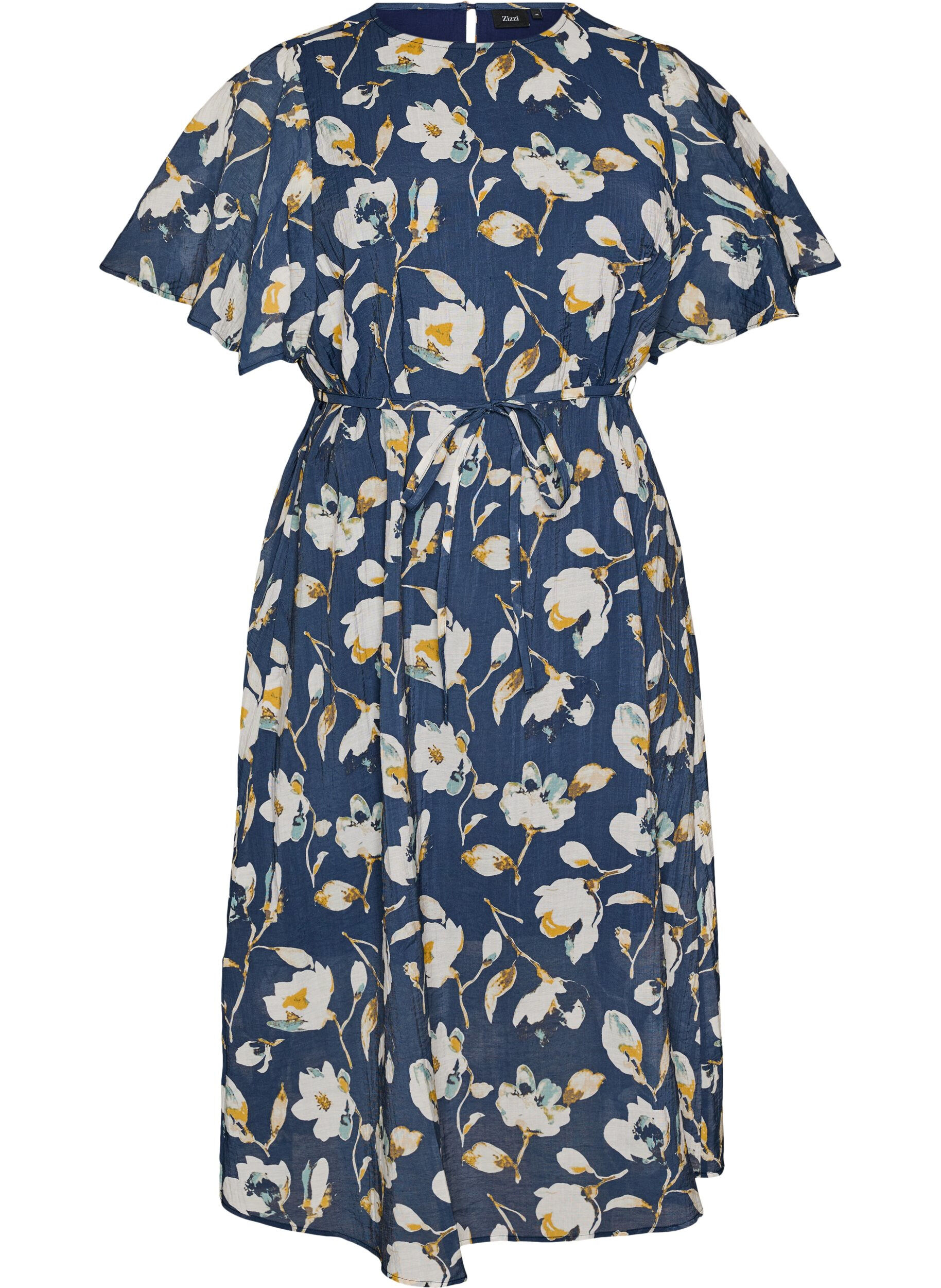 Enkellange jurk met vlindermouwen en strikceintuur