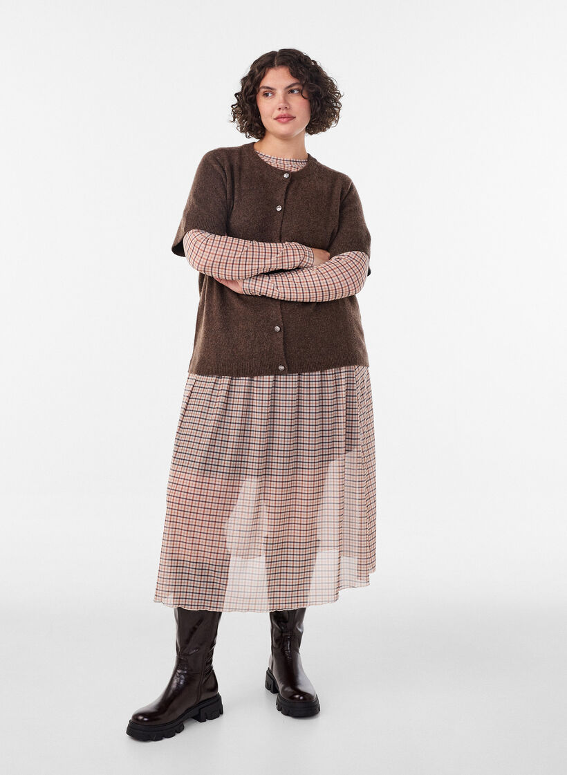 Jupe midi en maille &agrave; carreaux, Beige, Model image number 0