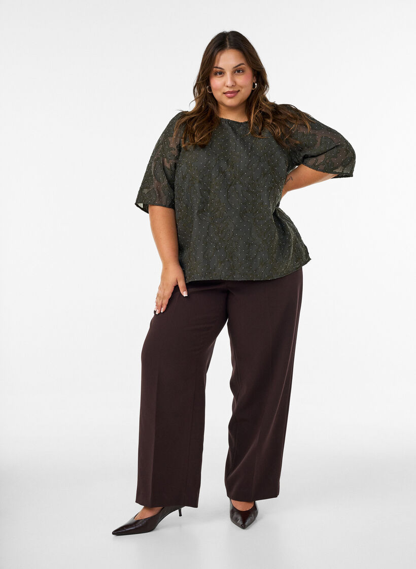 Jacquard blouse met sprankelende details en pofmouwen, Groen, Model image number 1