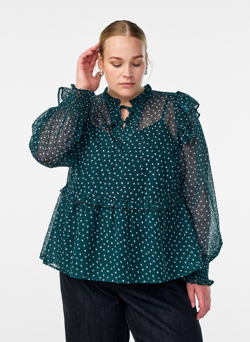 Chiffon blouse met ruchesdetails en kleine stippen, Groen, Model image number 0