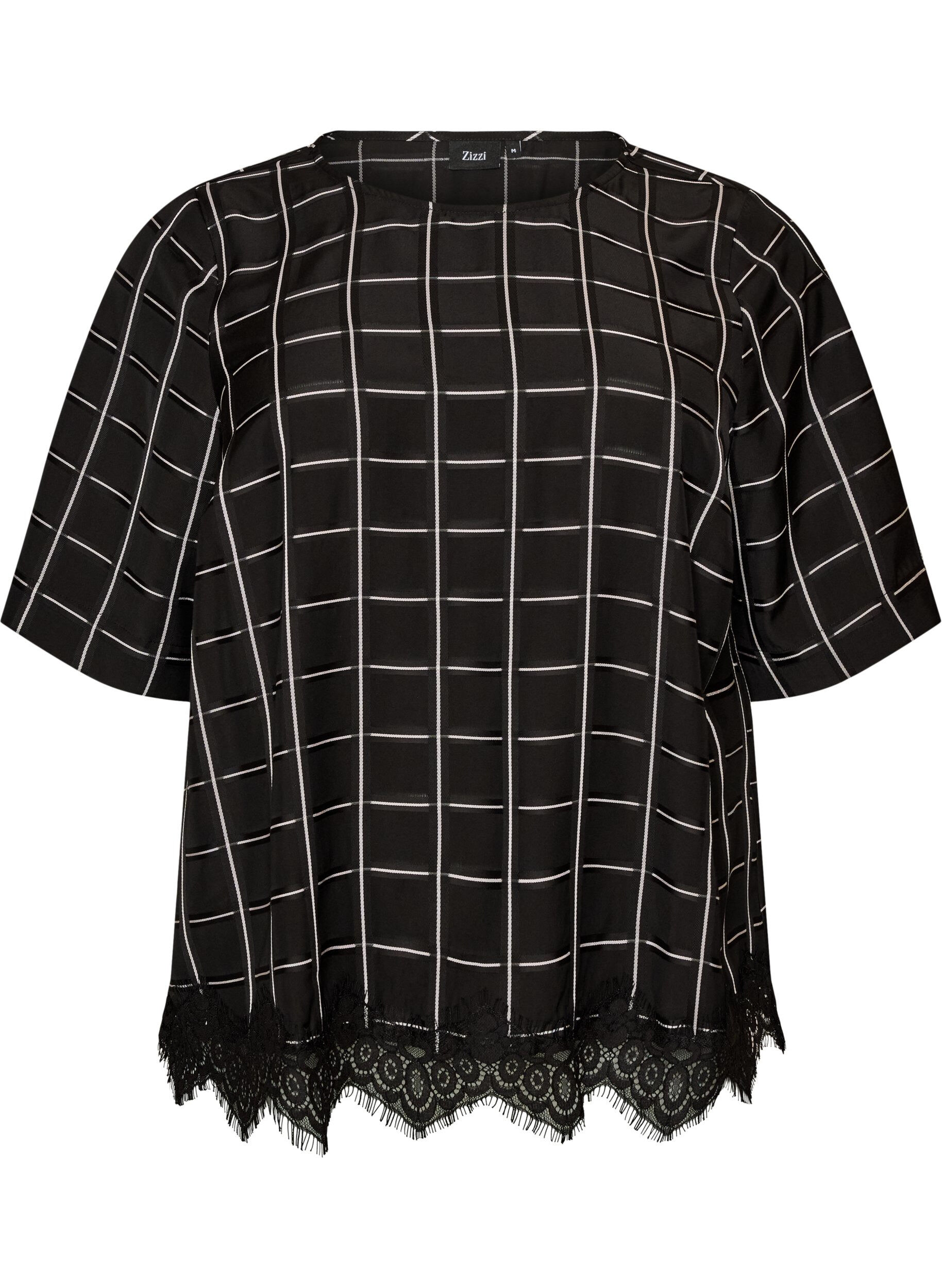 Blouse met ruitjes, kanten afwerking en ellebooglange mouwen