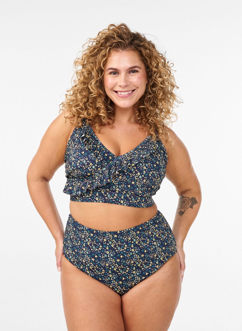 Bloemen bikinitop met ruches, Blauw, Model image number 1