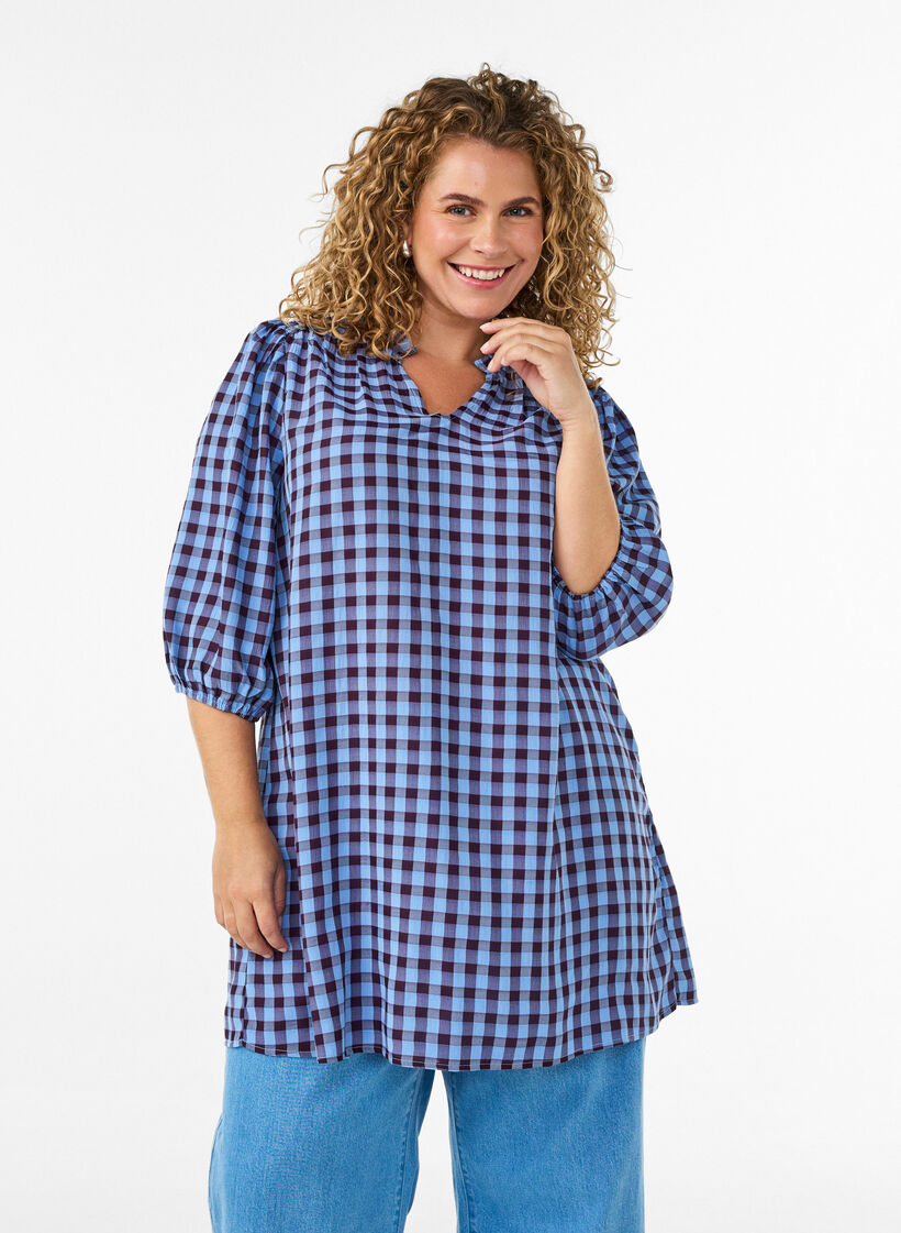 Tunic met ginghamruit en ruchekraag, Blauw, Model image number 0