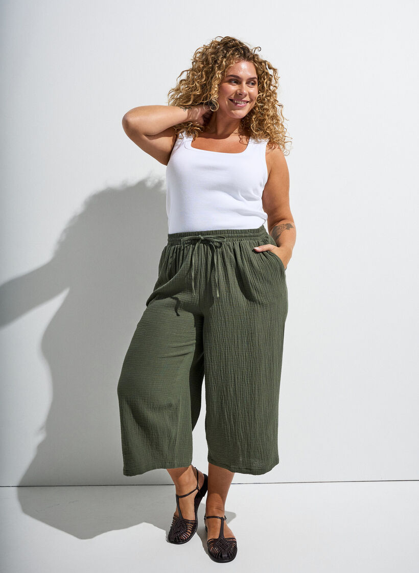 Pantalon culotte en mousseline de coton avec taille haute, Vert, Image image number 0