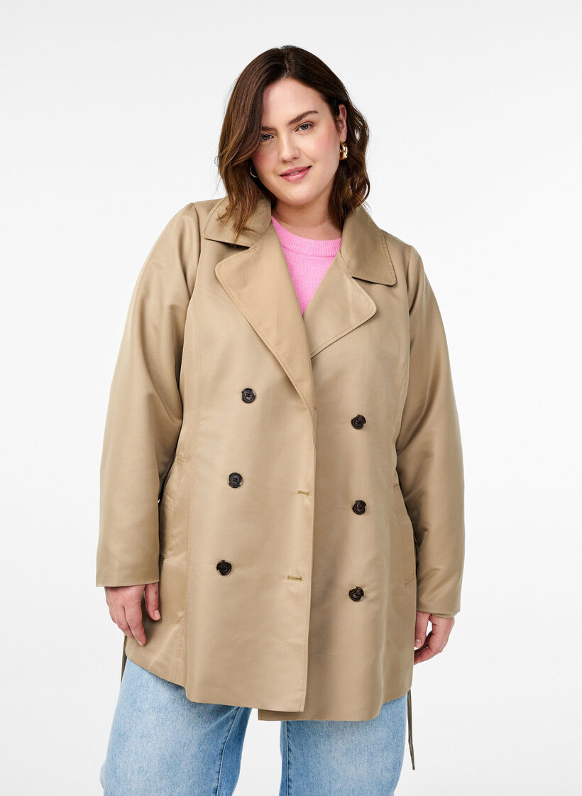 Korte trenchcoat met riem, Beige, Model image number 0