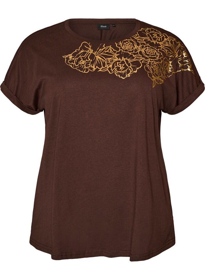 Katoenen T-shirt met bloemenprint, Bruin, Packshot image number 0
