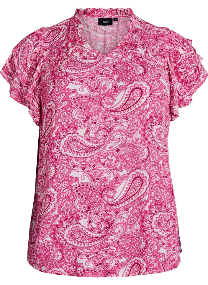 Blouse imprim&eacute;e en viscose avec volants, Rose, Packshot image number 0