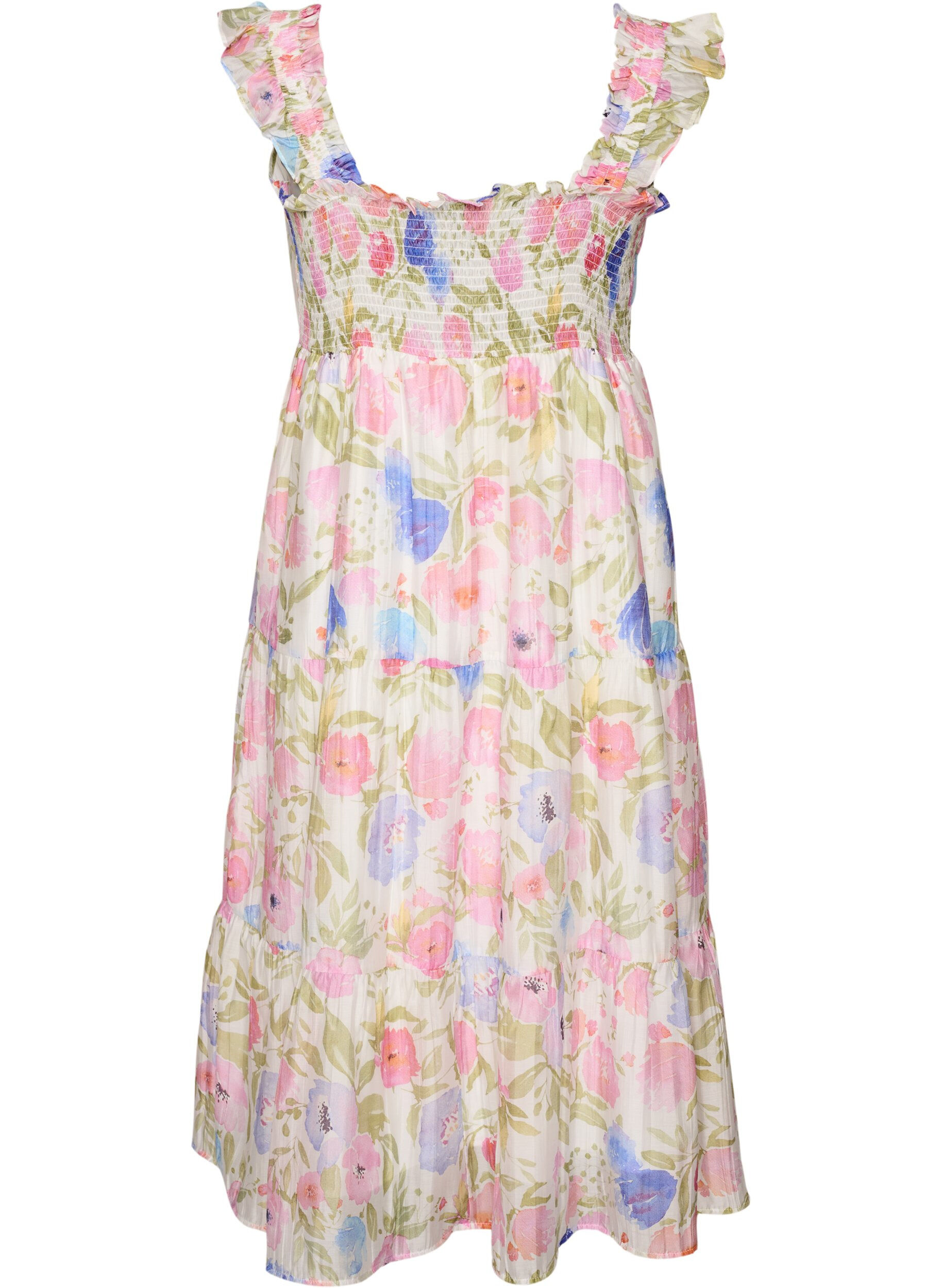 Zizzi Robe longue fleurie en lyocell avec volants, Blanc, Packshot image number 1