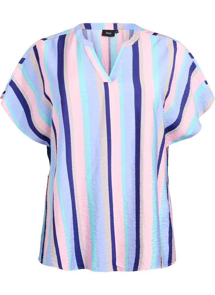 Blouse van viscose met strepen en korte mouwen, Pastel Stripe, Packshot