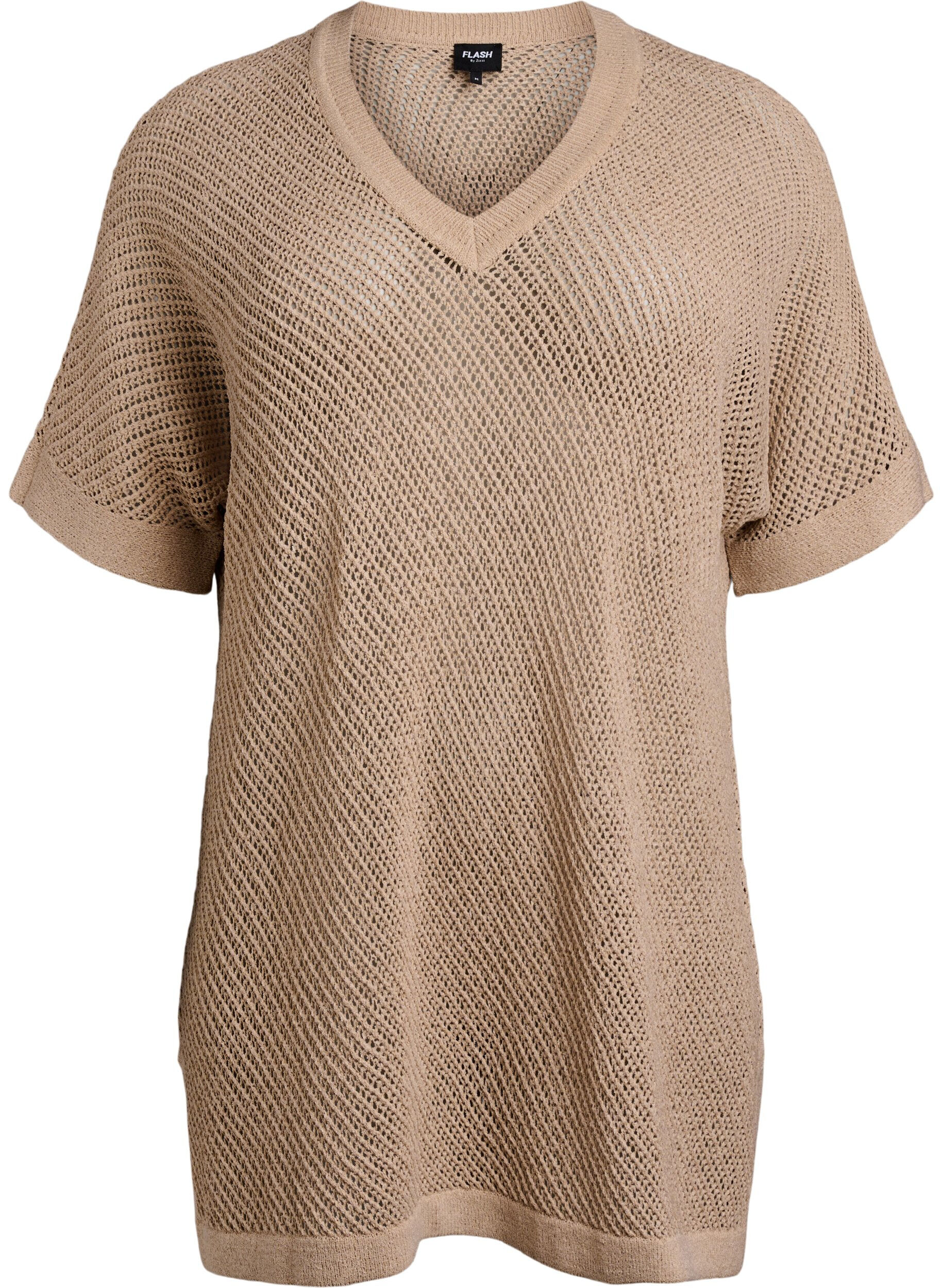 ZizziFLASH - Gebreide blouse met korte mouwen en V-hals, Beige, Packshot image number 0