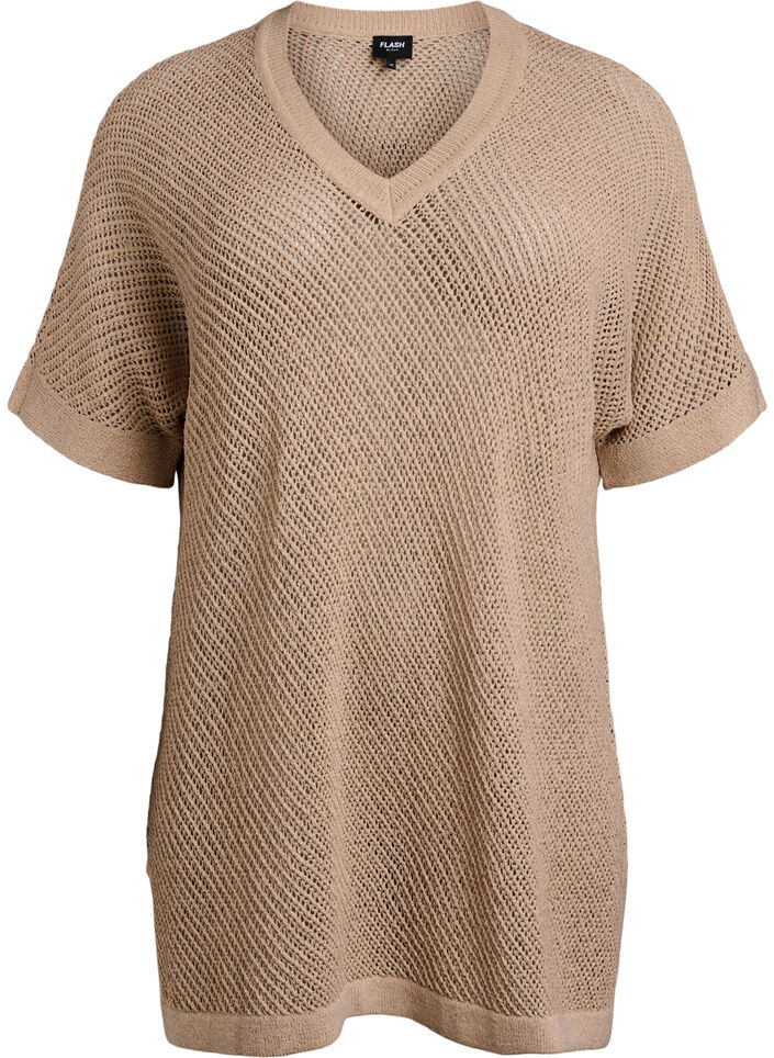 FLASH - Gebreide blouse met korte mouwen en V-hals, Beige, Packshot image number 0