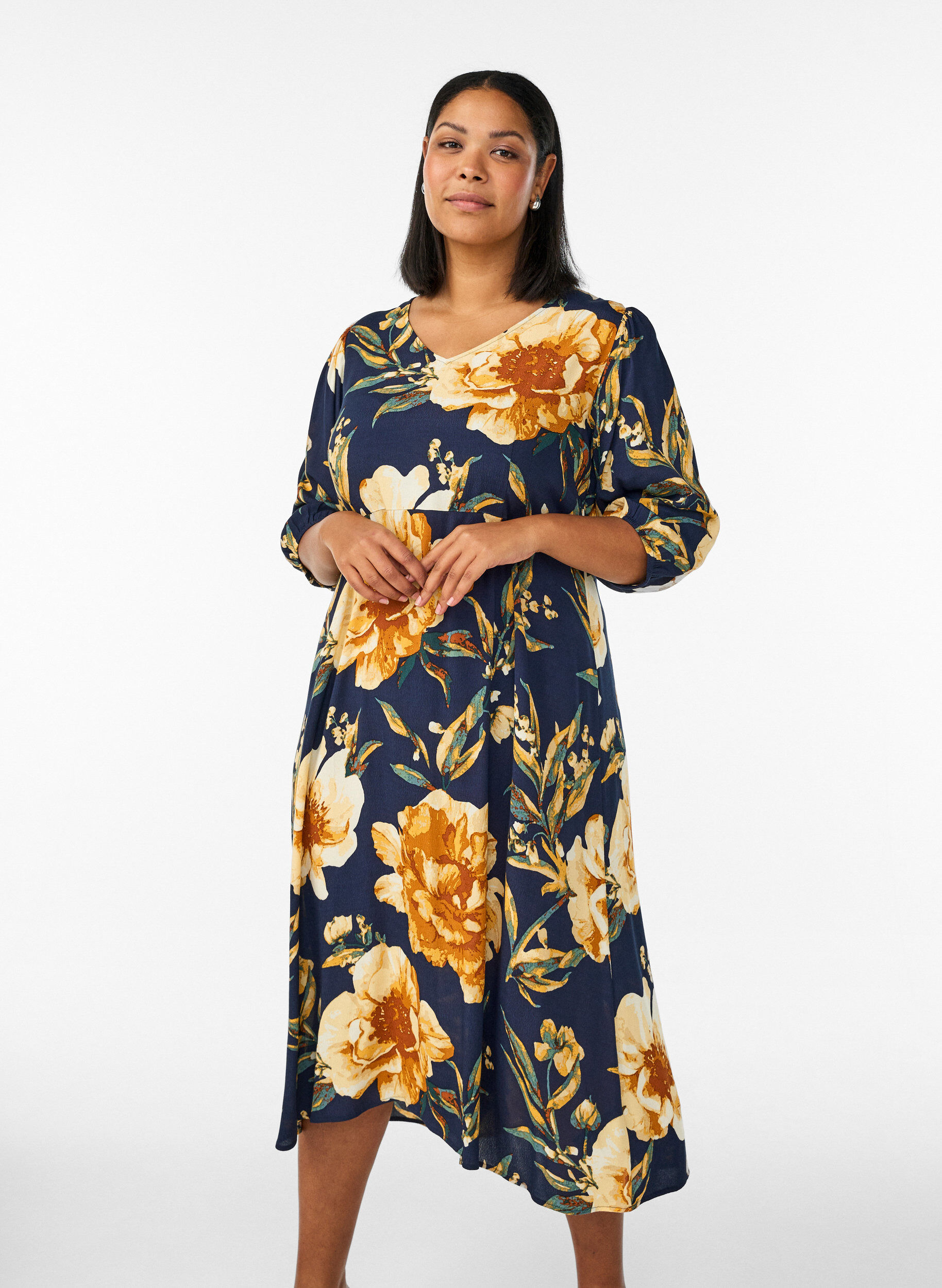 Midi-jurk met bloemenprint en 3/4 mouwen, Blauw, Model