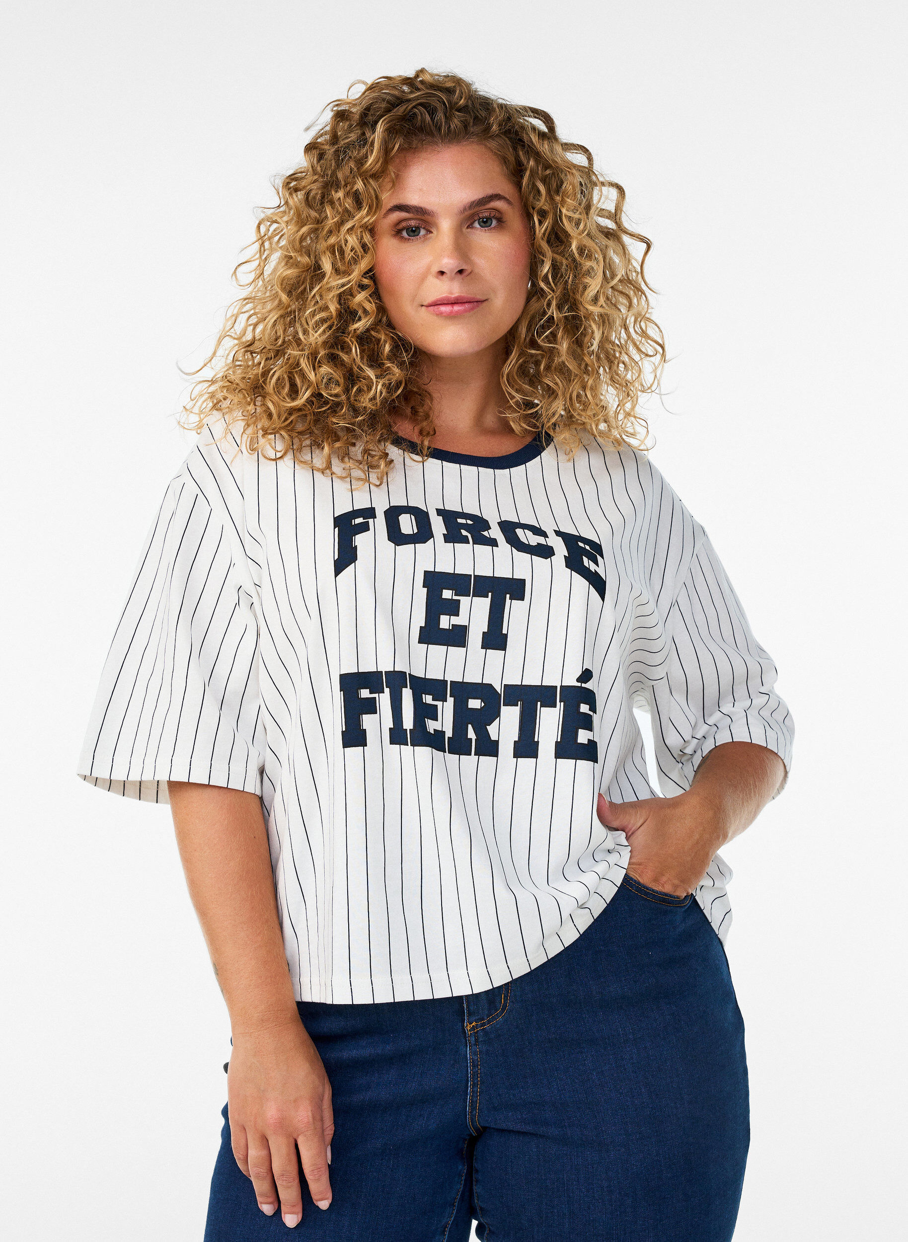 Boxy T-shirt met strepen en statement print, Wit, Model
