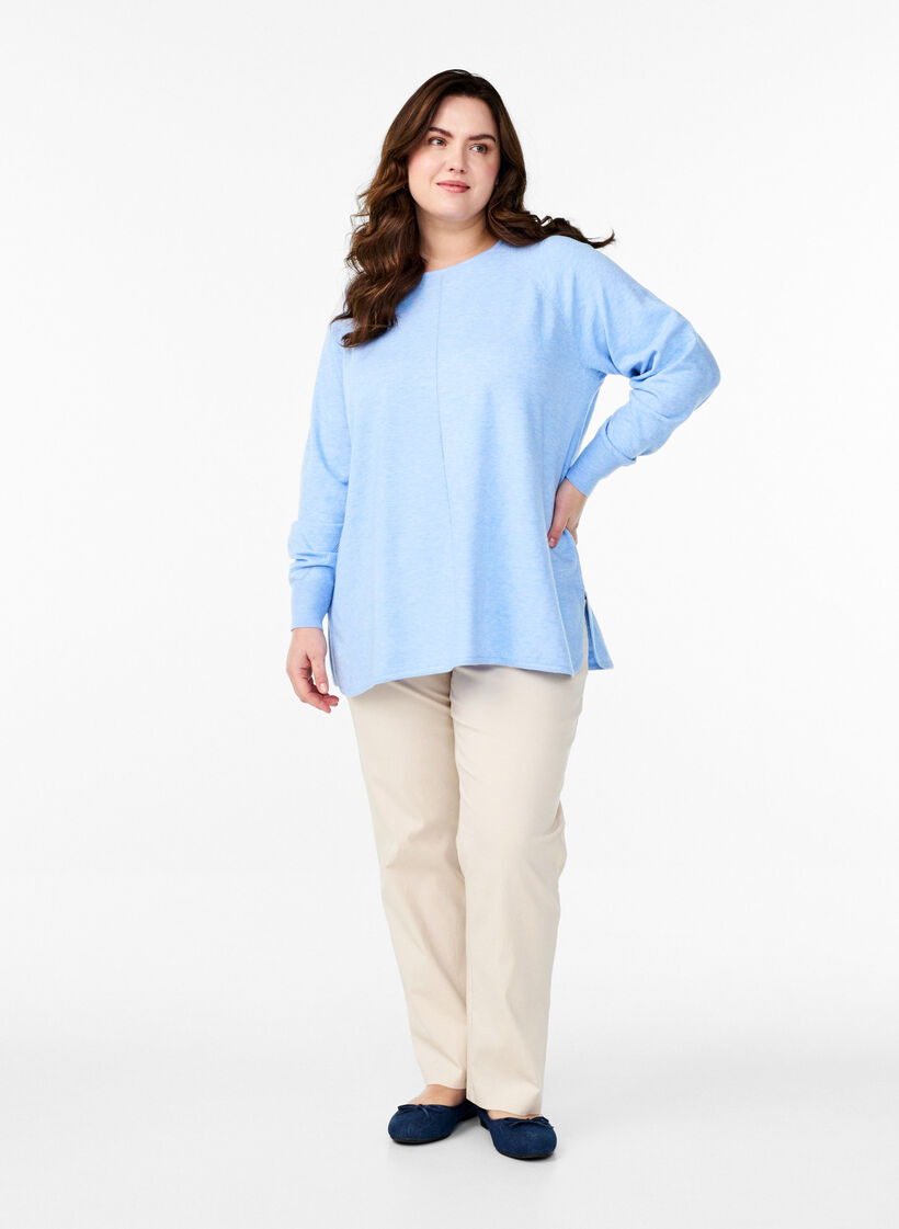 Gebreide blouse met ronde hals en gebreid patroon, Blauw, Model image number 1