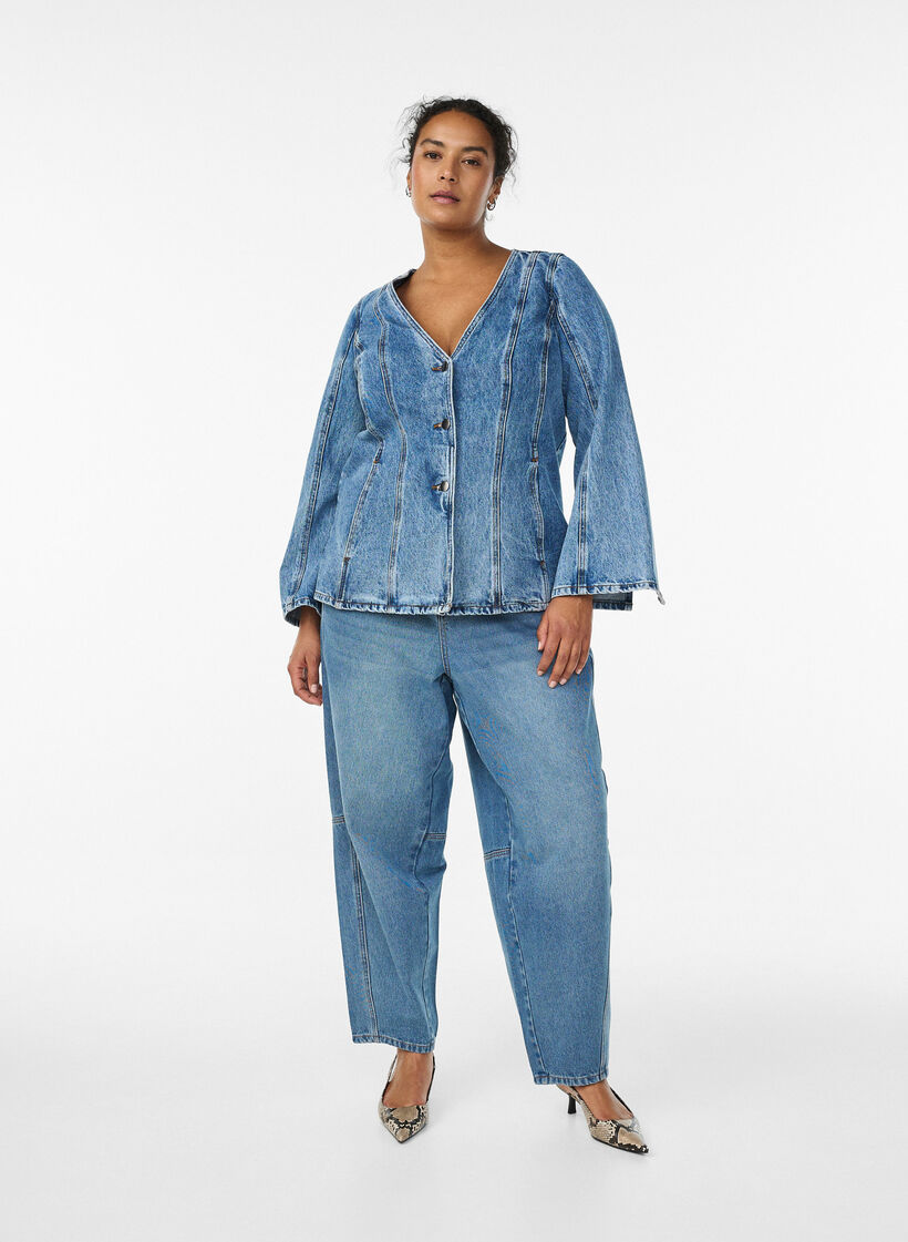 Denimjack met vormende naden en een V-hals, Blauw, Model