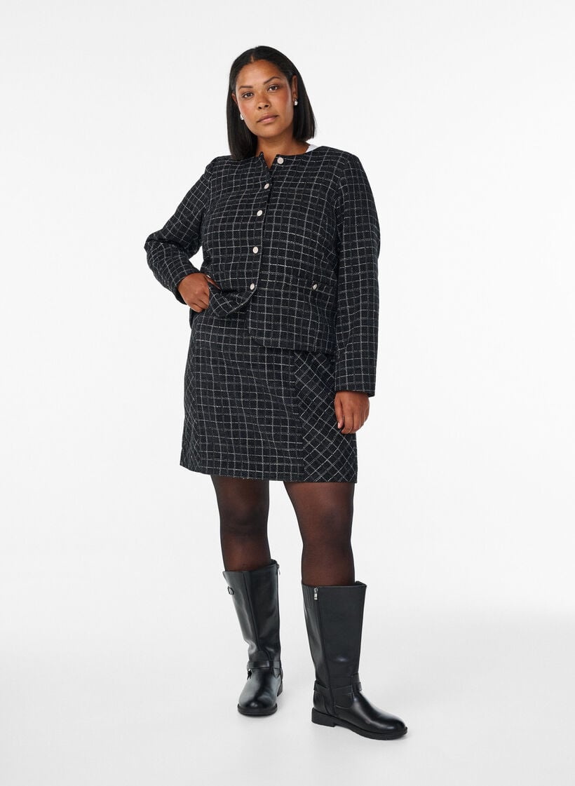 Korte bouclé blazer met ruitjes en ronde hals, Black w. Check, Model