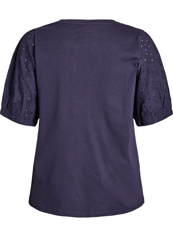 T-shirt met mouwen van broderie anglaise, Blauw, Packshot image number 1
