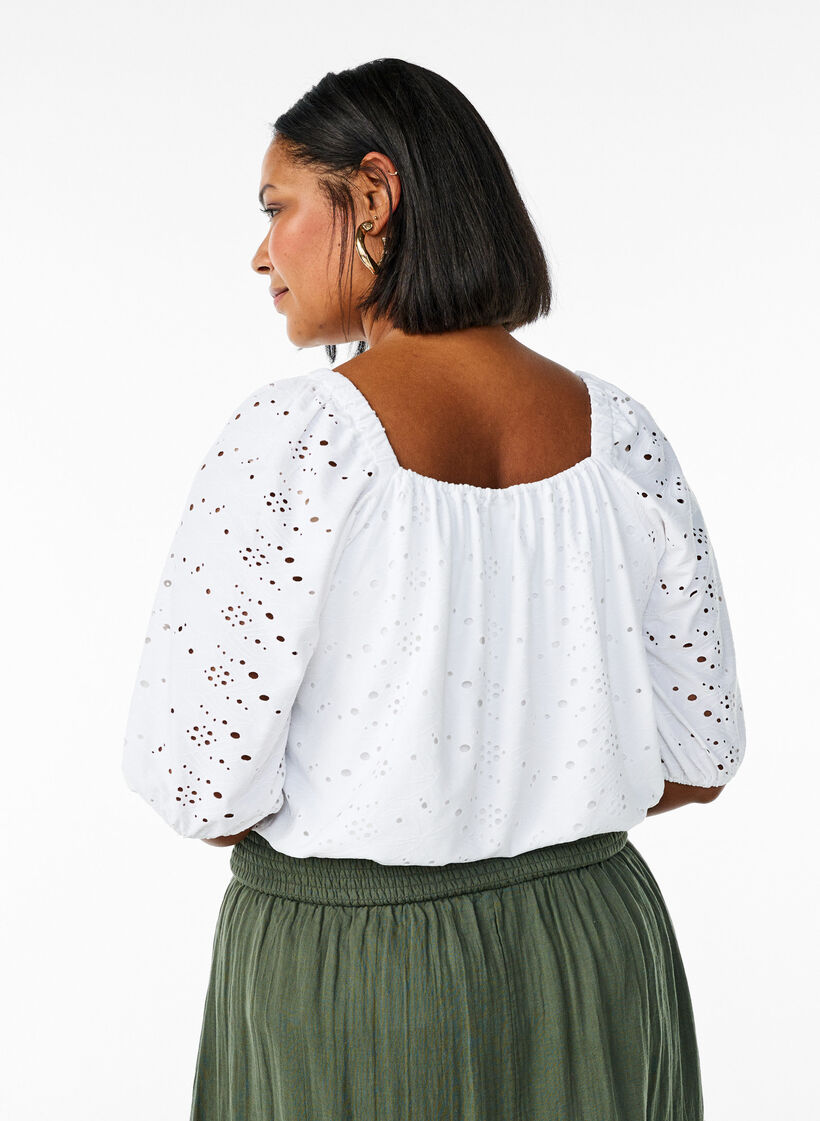 Blouse met korte pofmouwen en een opengewerkt patroon, Bright White, Model