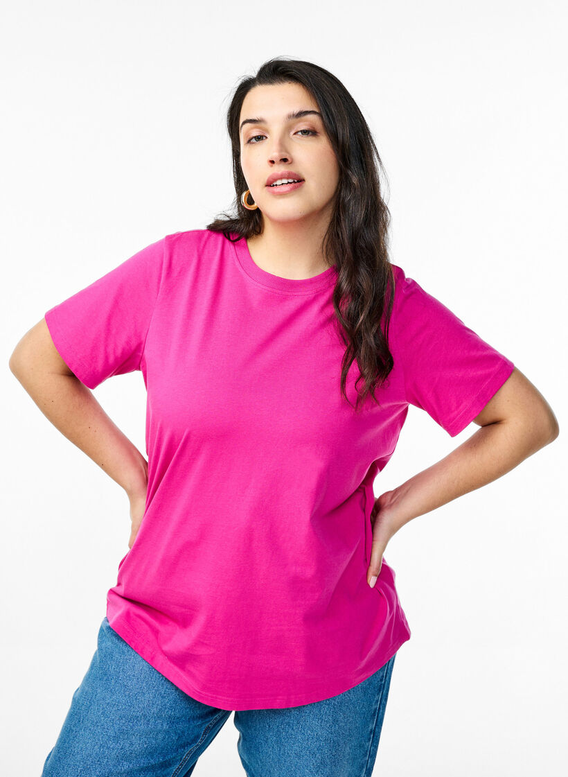 Basic katoenen T-shirt met ronde hals, Roze, Model image number 0
