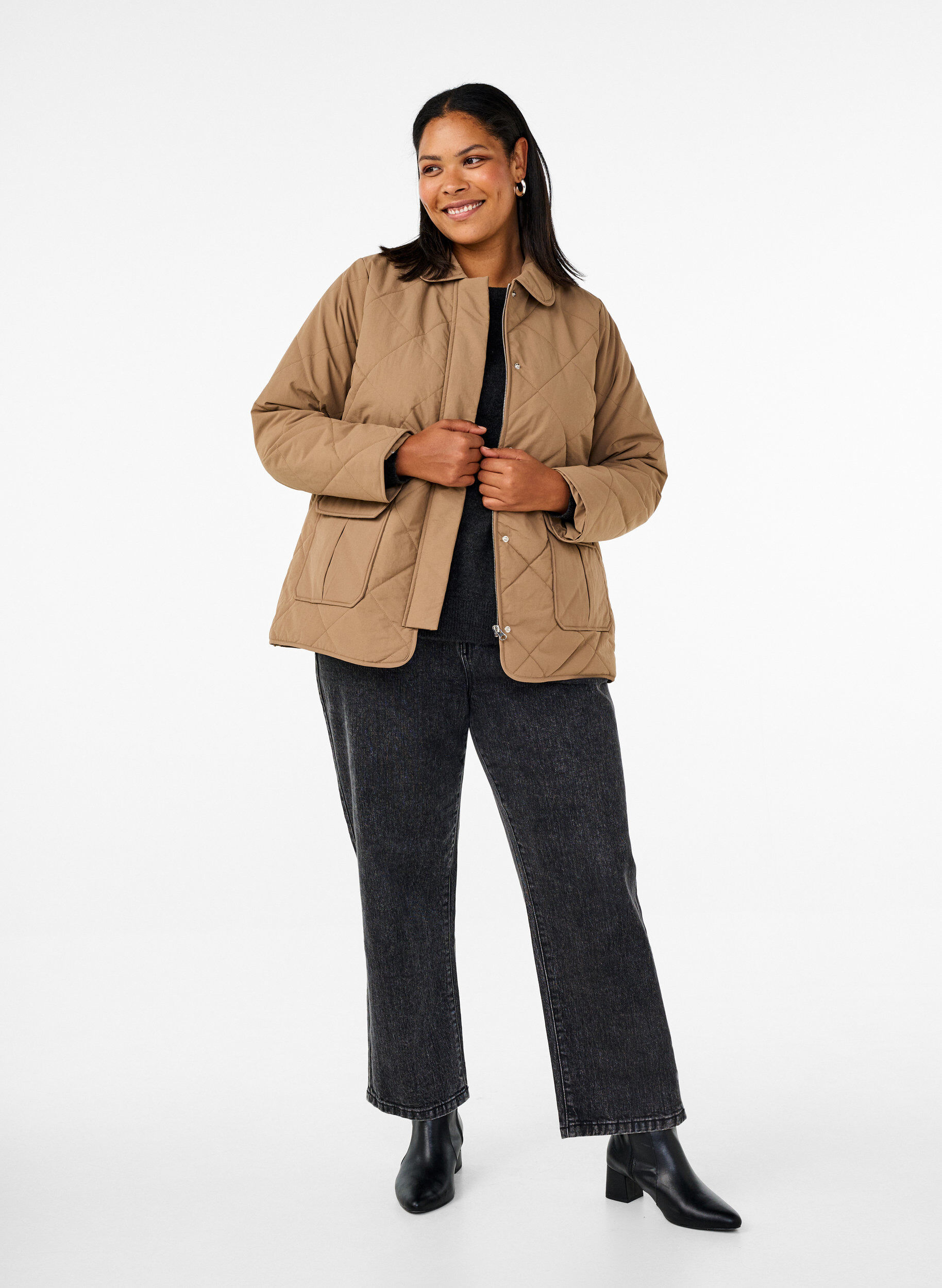 ZizziQuilted jas met kraag en zakken, Bruin, Model image number 1