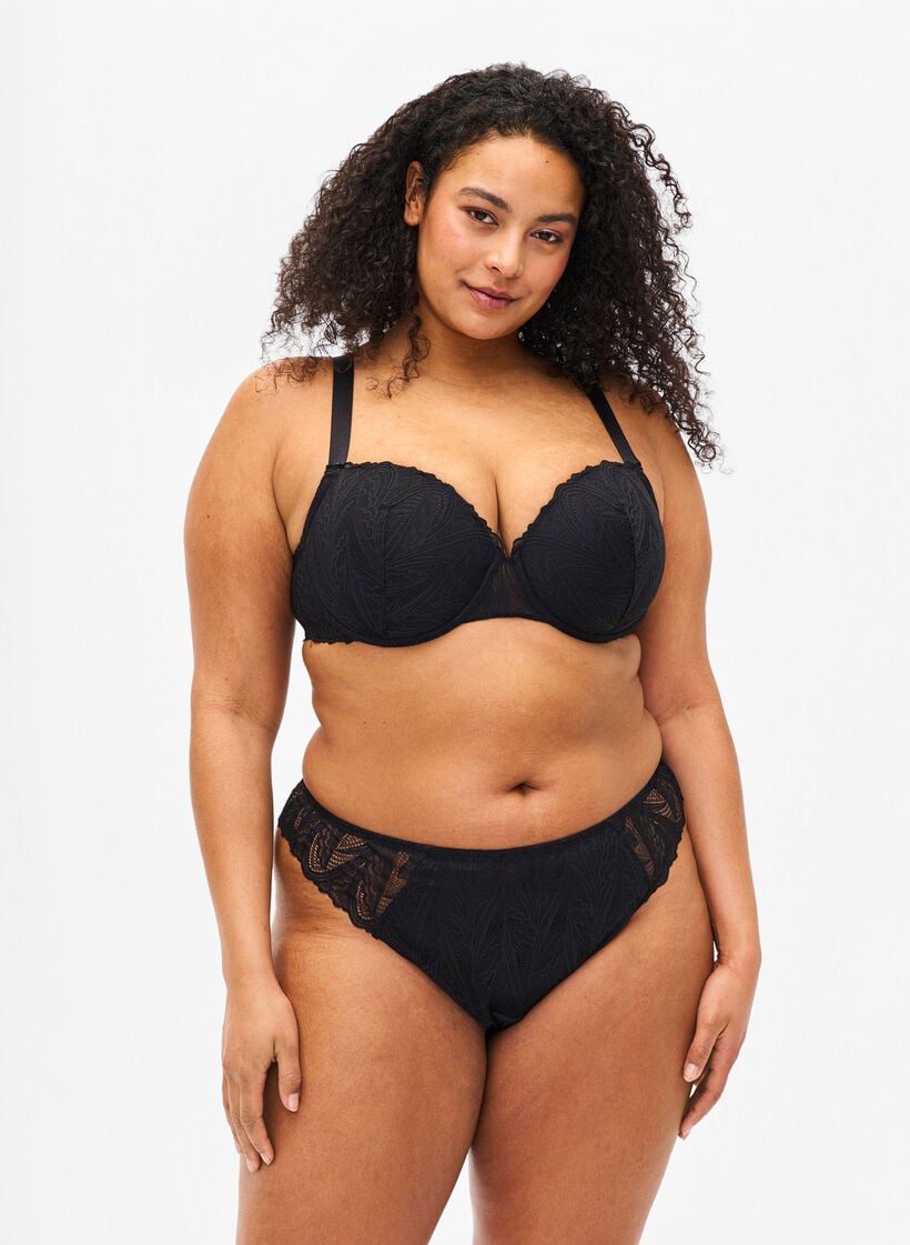 G-string slip met kant en een normale taille, Zwart, Model image number 0