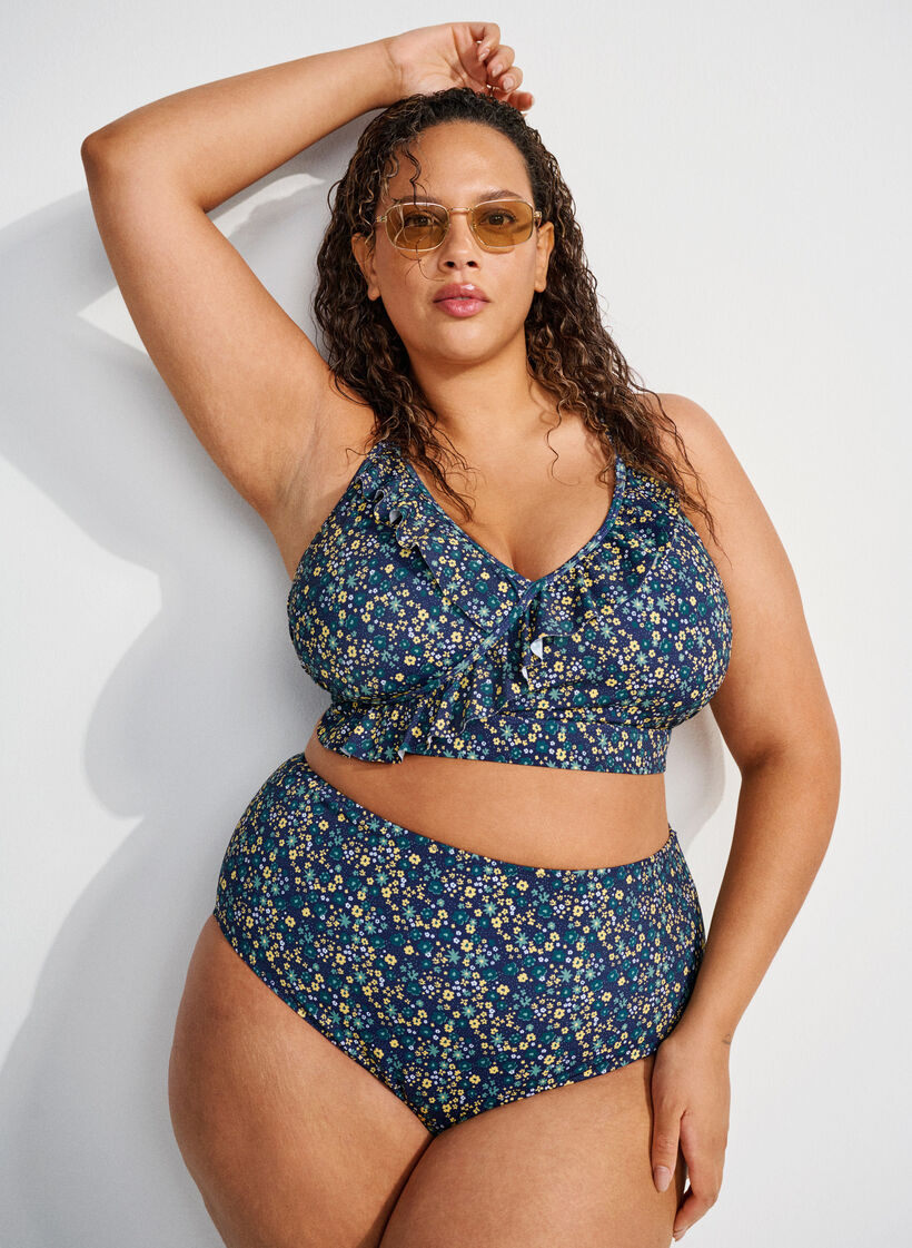 Bikinitop met print en ruchesdetails, Blauw, Image image number 0