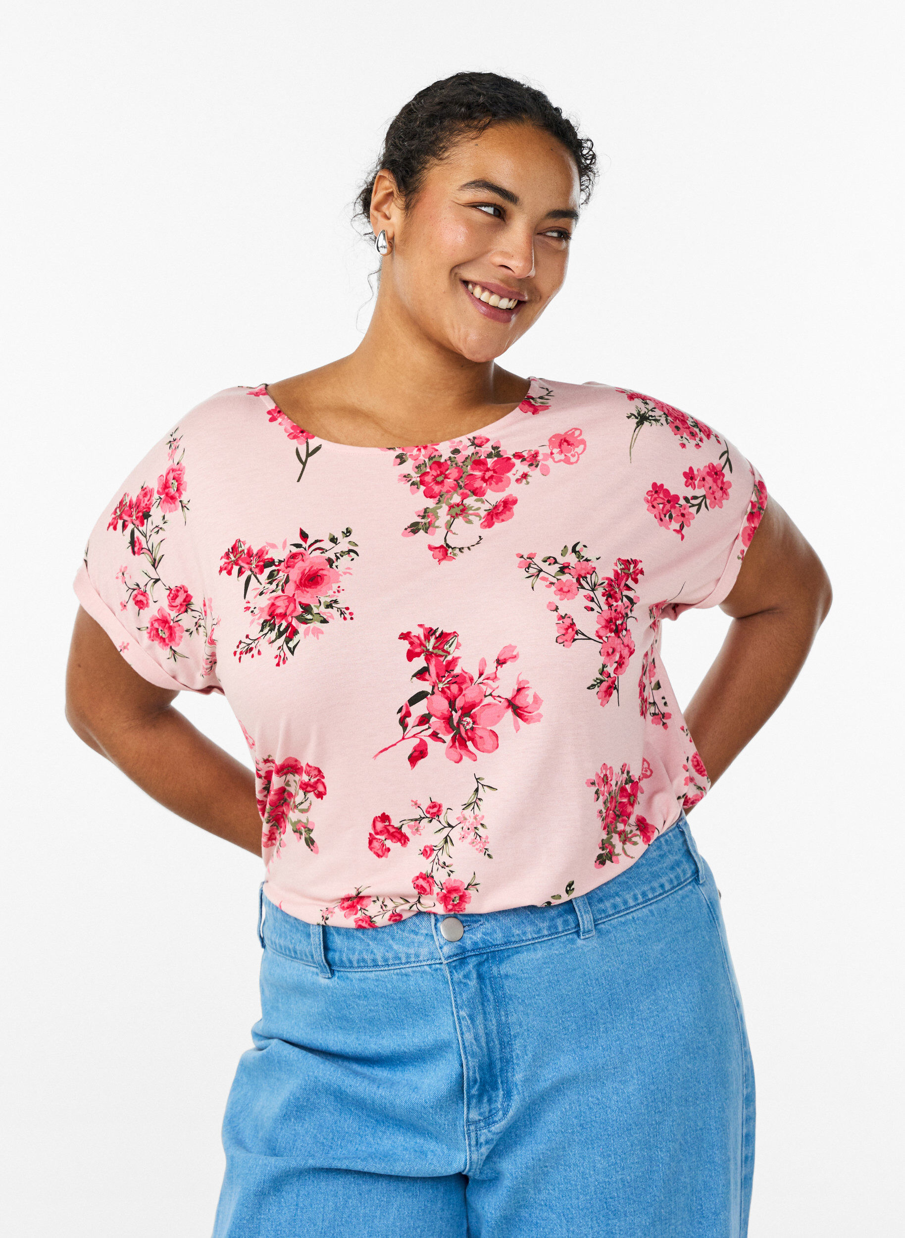 T-shirt met bloemenprint, Roze, Model