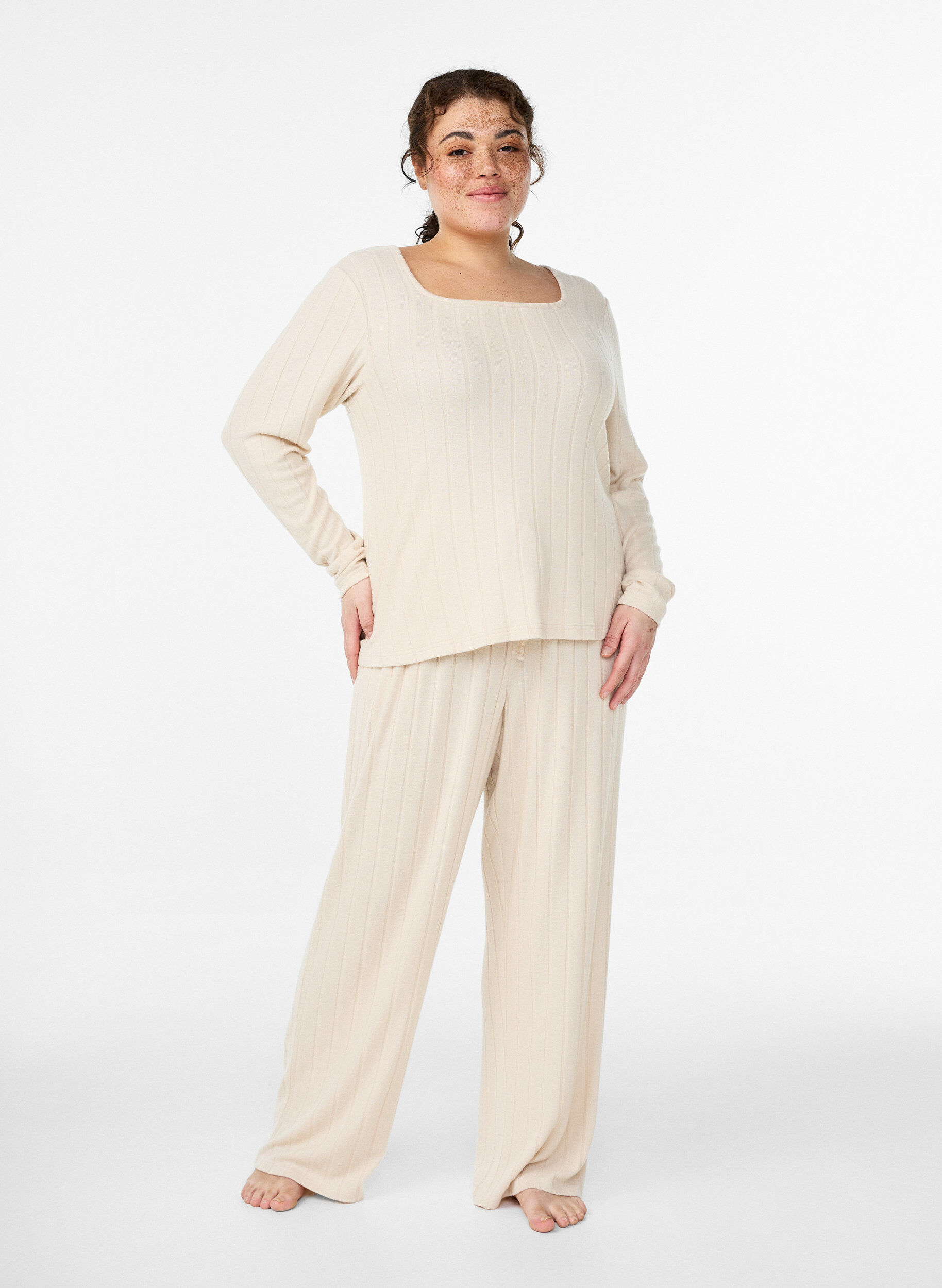 Geribde jersey lounge broek met hoge taille, Beige, Model