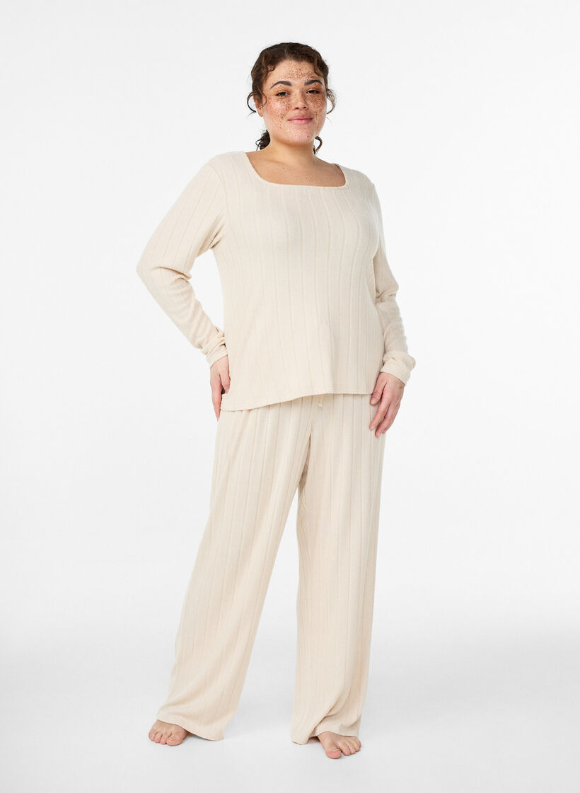 Geribde jersey lounge broek met hoge taille, Beige, Model image number 0