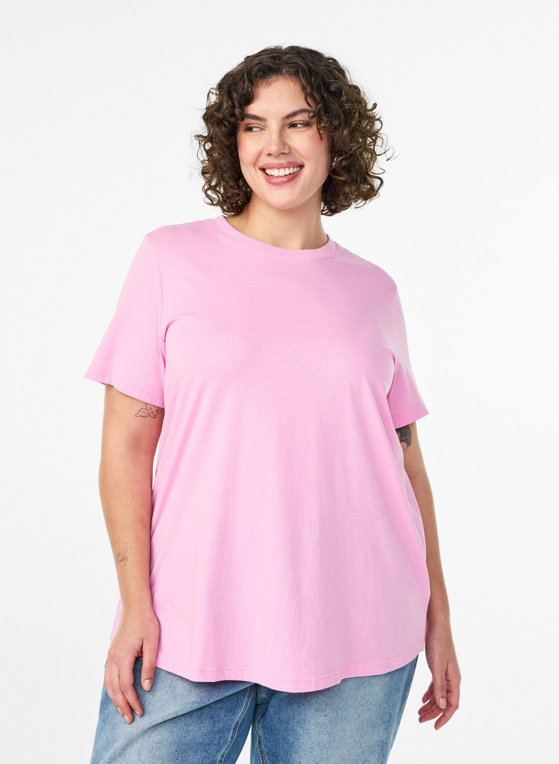 Basic katoenen T-shirt met ronde hals, Roze, Model