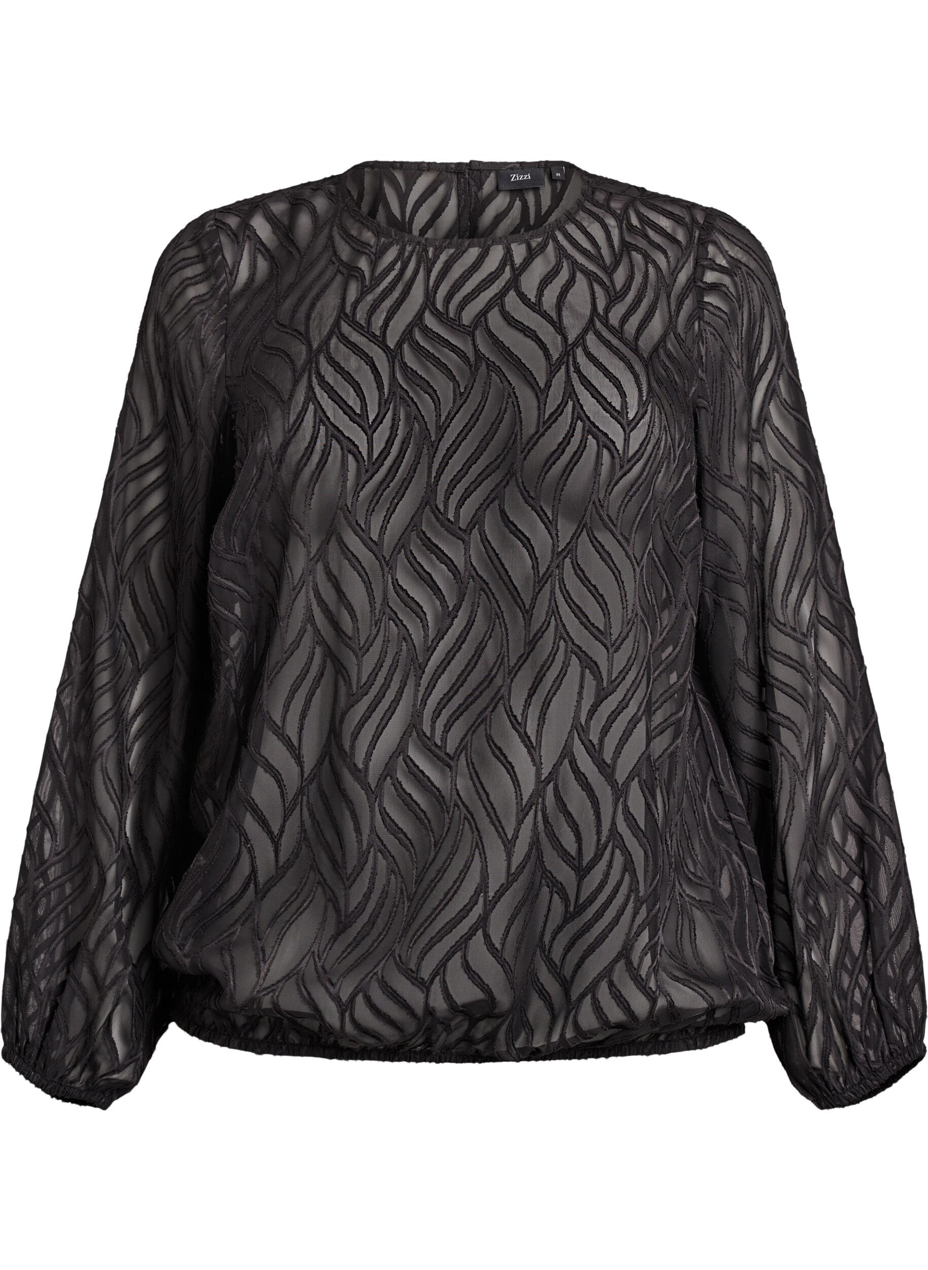 ZizziChiffon blouse met een textuurpatroon, Zwart, Packshot image number 0