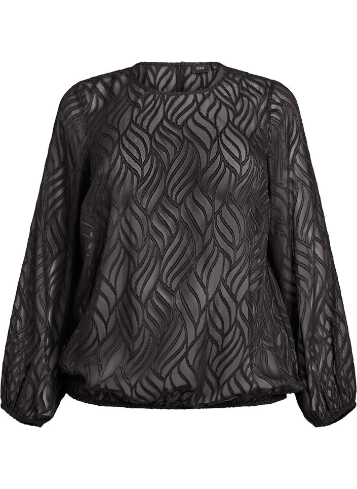 Chiffon blouse met een textuurpatroon, Zwart, Packshot image number 0