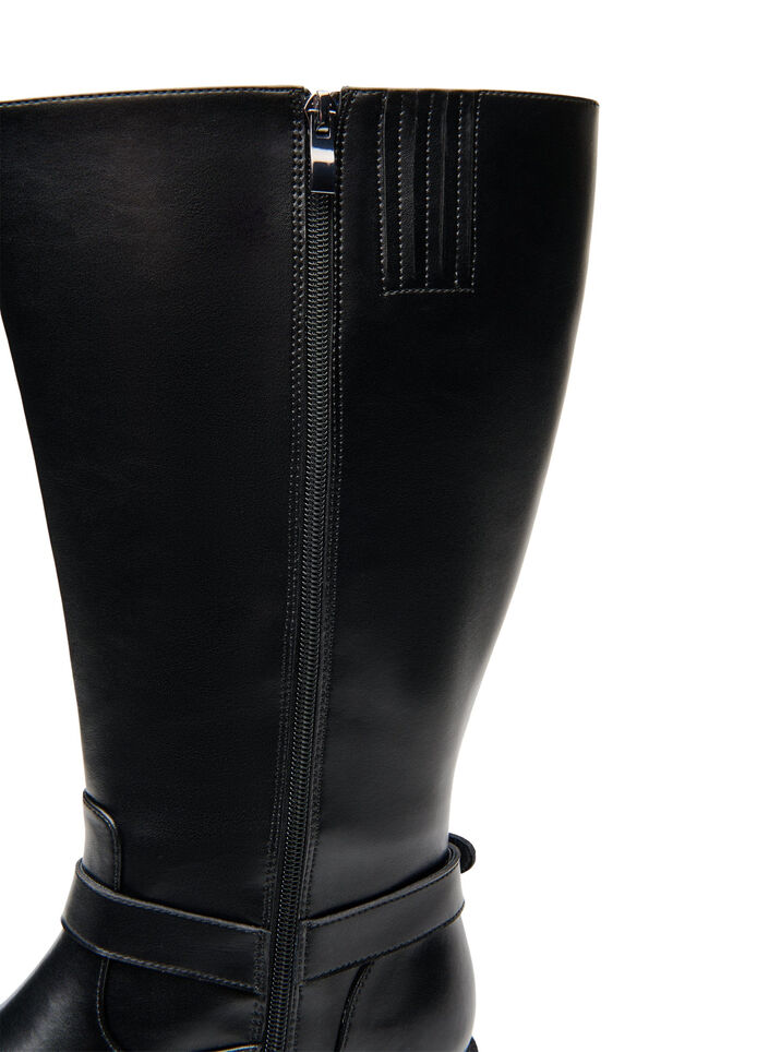 Wide fit - Hoge leren laars met decoratieve gespen, Black, Packshot