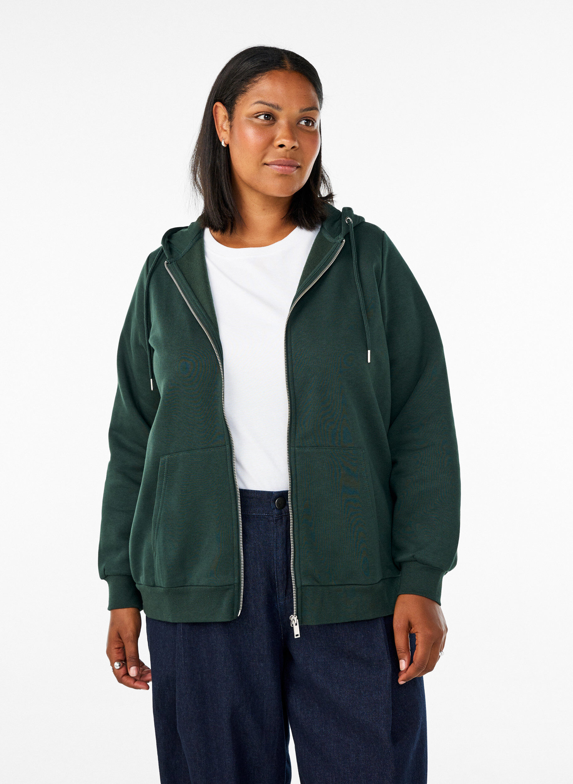 Sweatshirt met capuchon, ritssluiting en zakken, Groen, Model