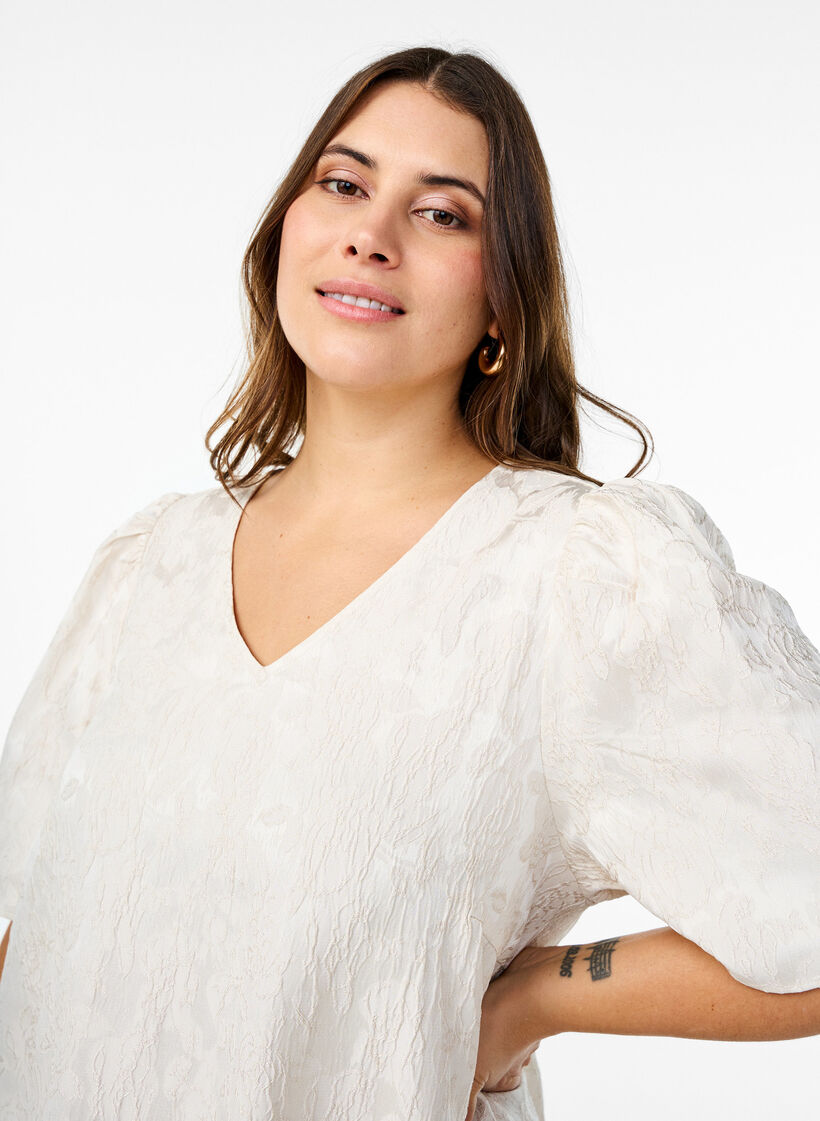 Jacquard jurk tot op de knie met korte mouwen, Whisper White, Model