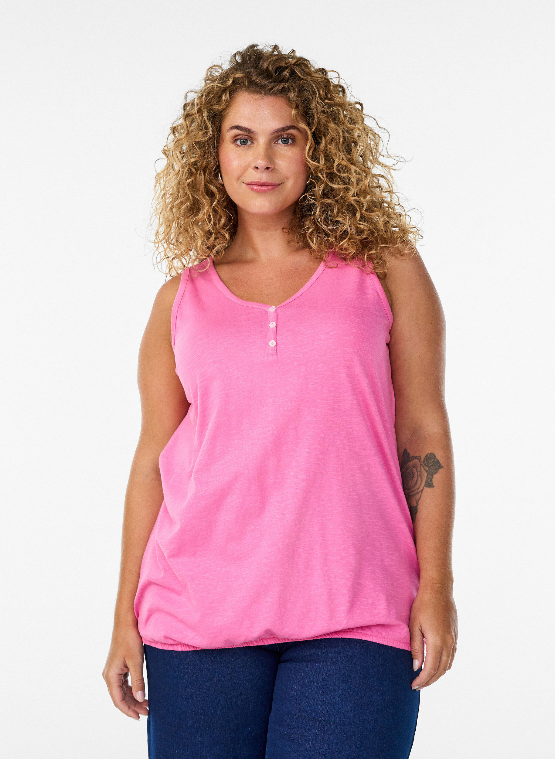 Tanktop in biologisch katoen met V-hals en knopen, Roze, Model