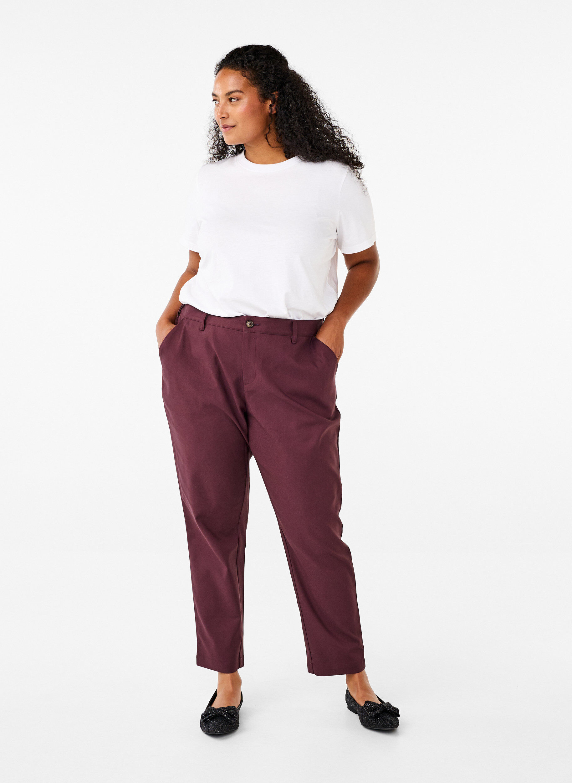 Broek met hoge taille en rechte pijpen, Donker Bordeaux, Model