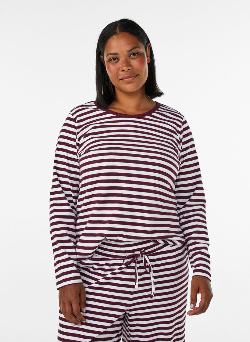 Nachtbovenstuk met lange mouwen in geribde jersey met strepen, Rood, Model image number 0