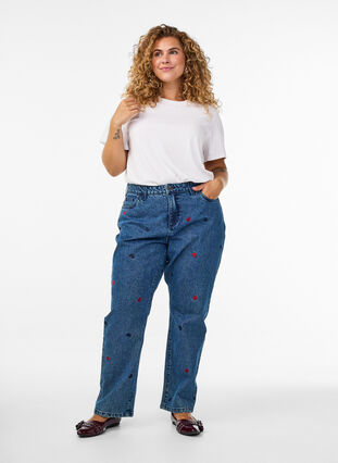 ZizziHigh waist Gemma jeans met geborduurde details, DB Hearts, Model image number 0