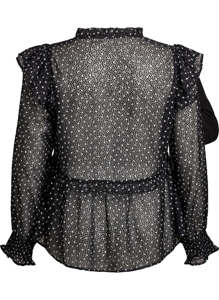 Chiffon blouse met ruchesdetails en kleine stippen, Zwart, Packshot image number 1