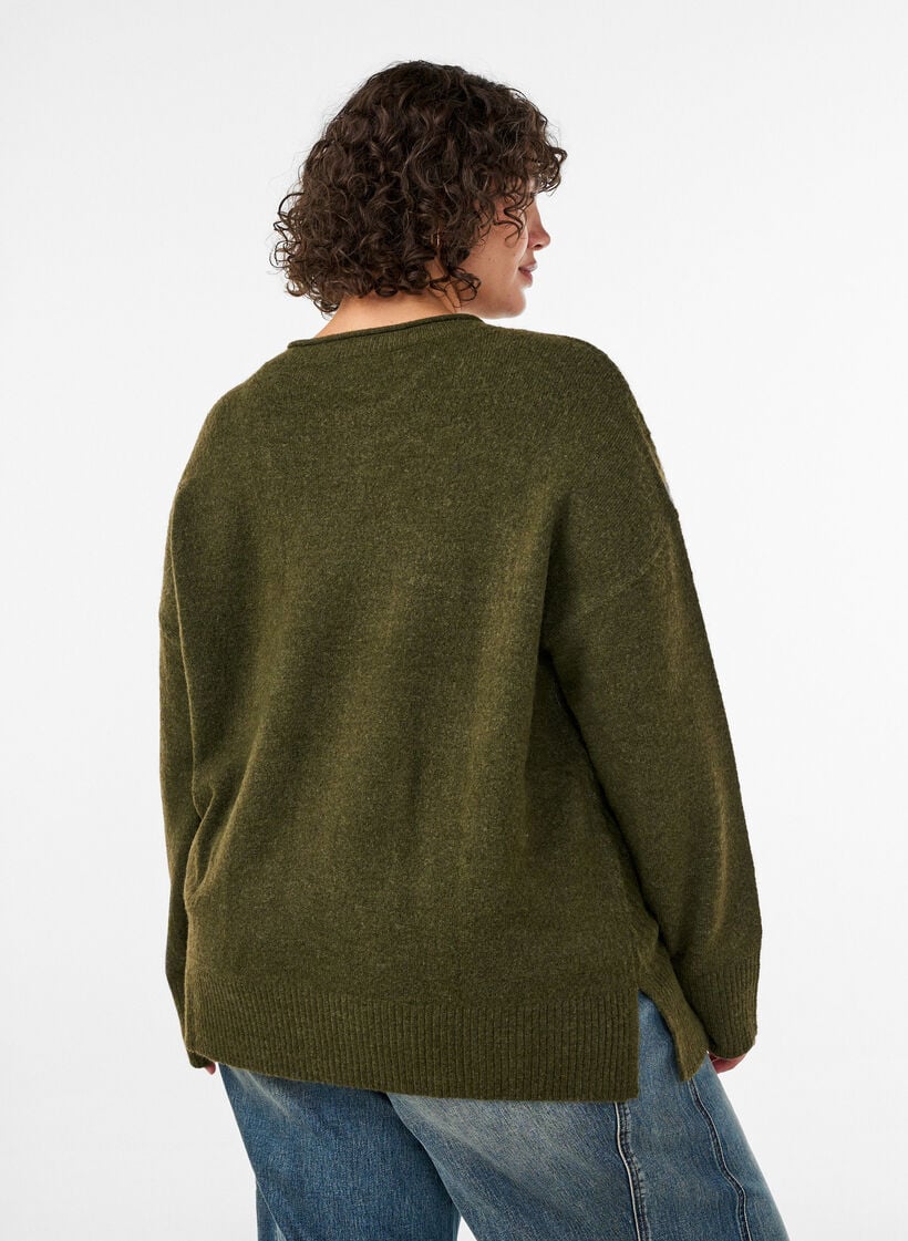 Gebreide blouse met V-vormig geribd patroon en zijsplitjes, Groen, Model image number 2