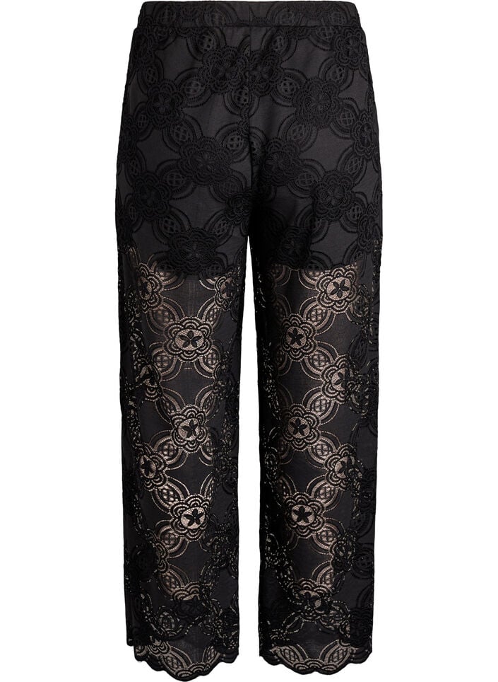 High-waisted kanten broek met wijde pijpen, Zwart, Packshot image number 1