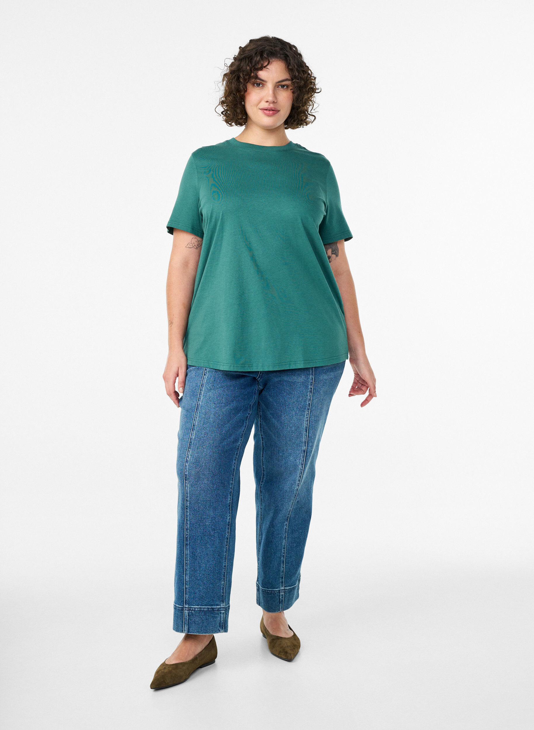 ZizziBasic katoenen T-shirt met ronde hals, Groen, Model image number 1