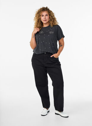 ZizziDit T-shirt met een gewassen look en rhinestones, Grey Washed, Model image number 2