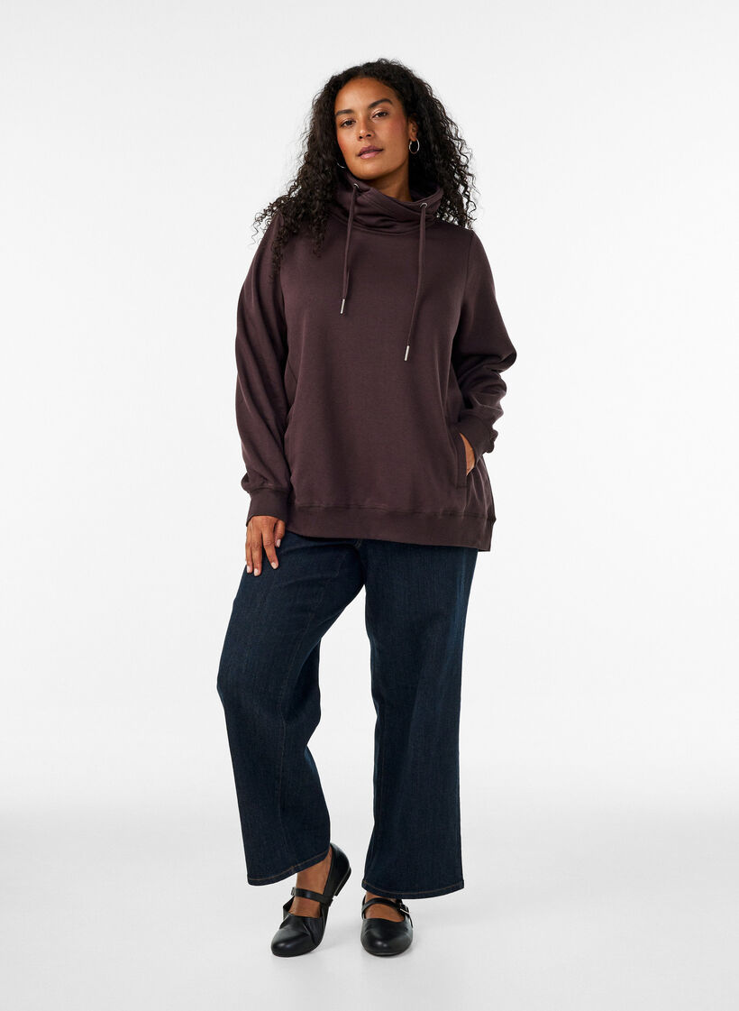 Sweatshirt met hoge kraag en zakken, Bruin, Model image number 1