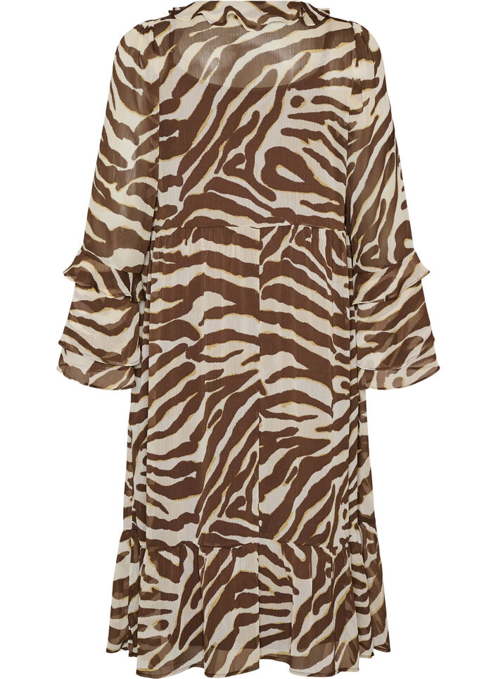 Midi-jurk met ruches en V-hals, Bruin, Packshot image number 1