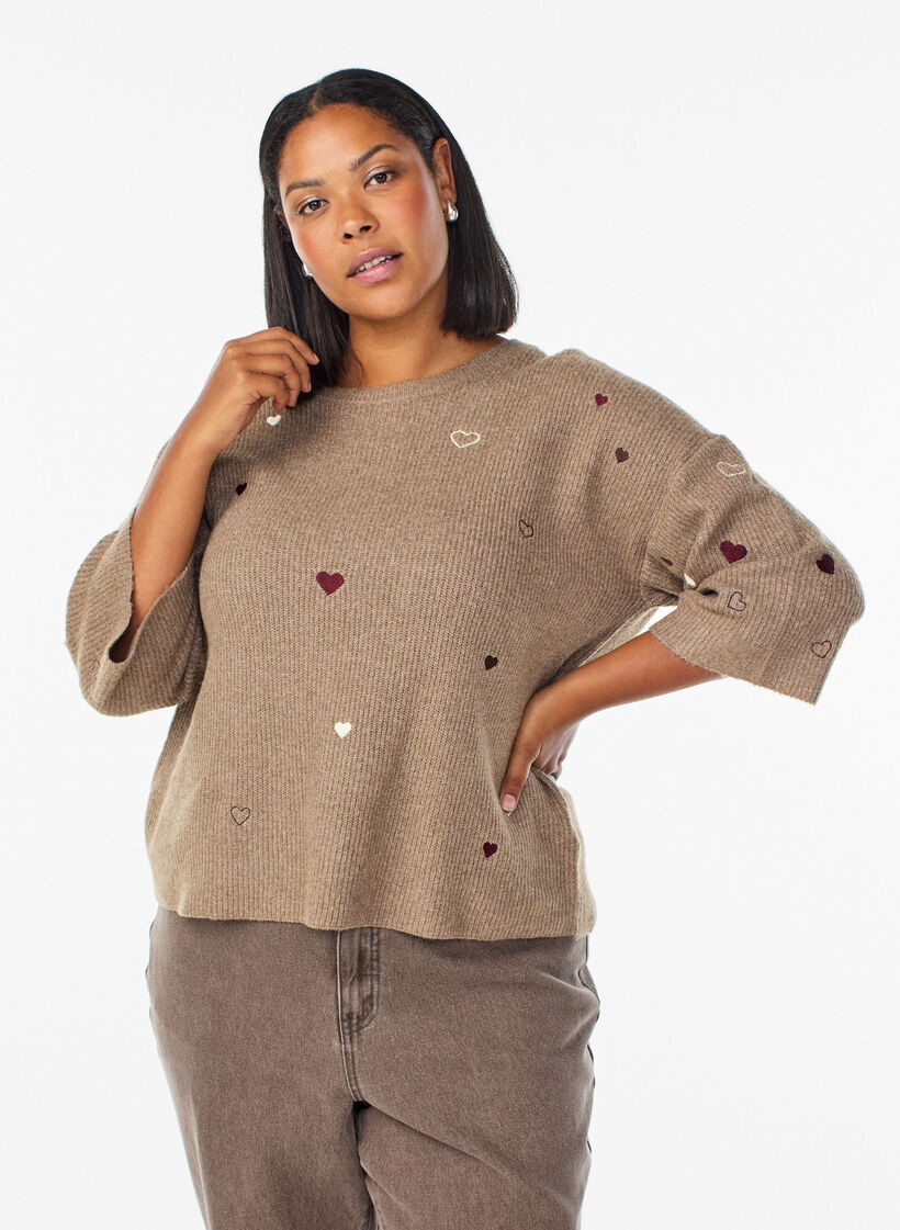 Jumper met hartjes en 3/4 mouwen, Bruin, Model image number 0