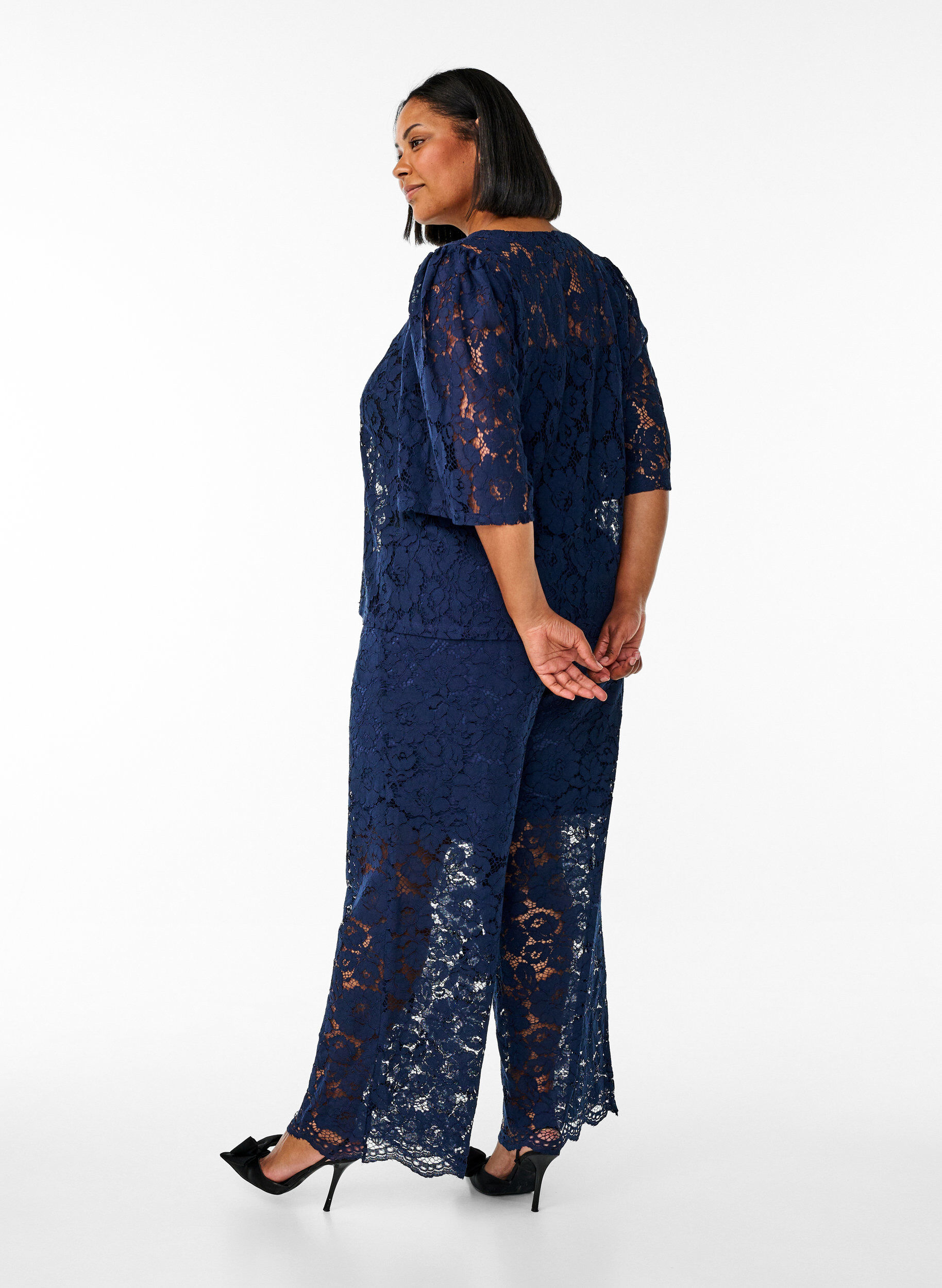 ZizziKanten broek met hoge taille en zakken, Blauw, Model image number 1